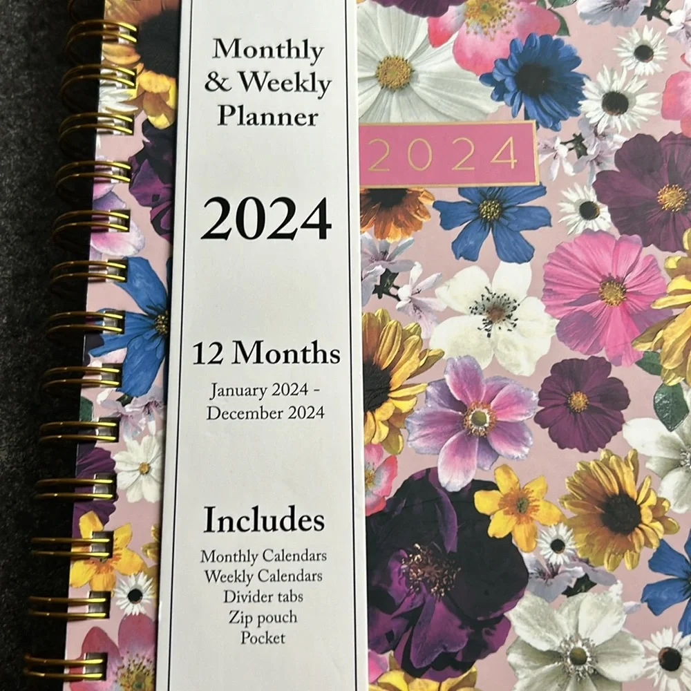 New. 2024, 12 month monthly and weekly planner. Floral pattern